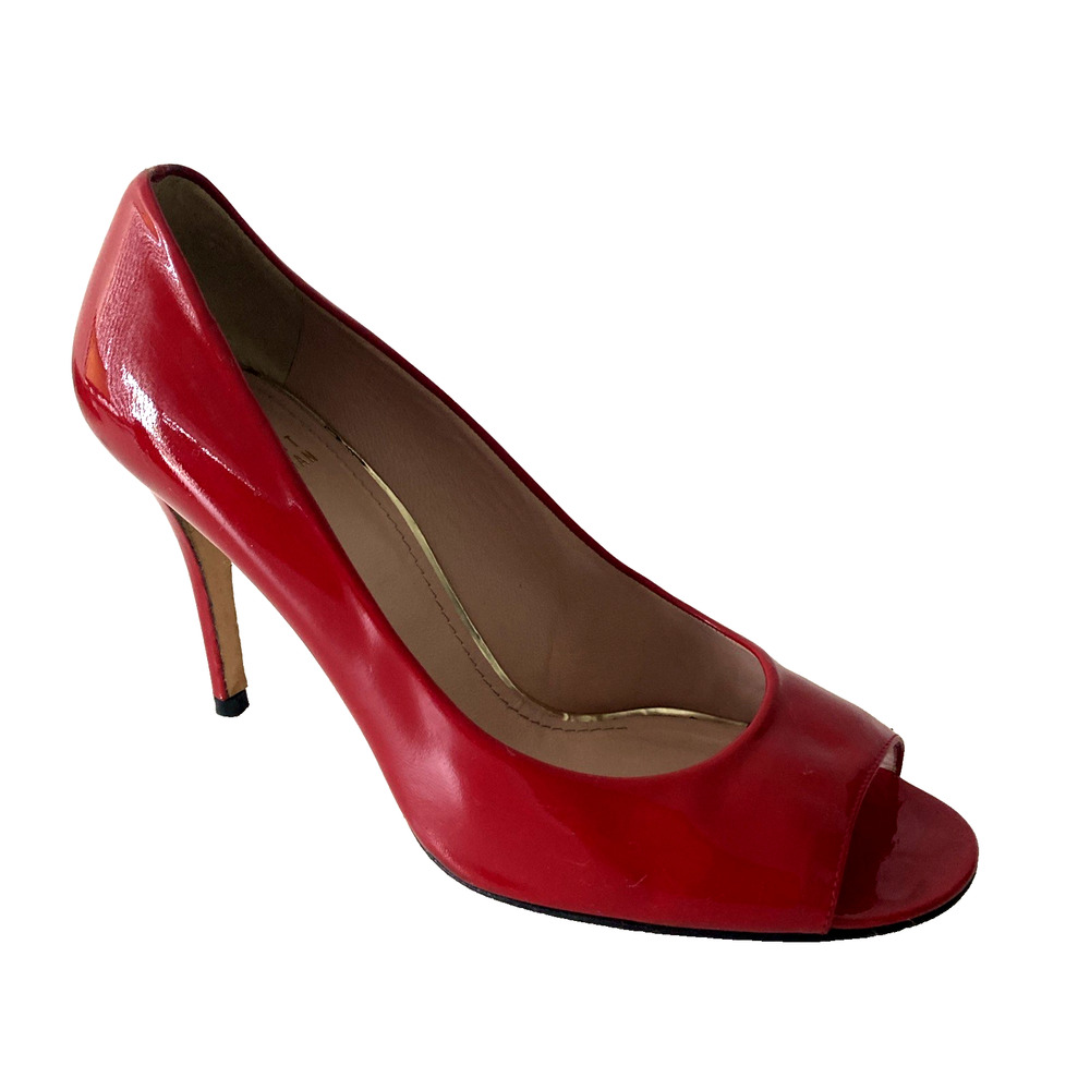 Stuart Weitzman Linda Pump Red Patent Leather Slim Heel Peep Toe Slip On 10 M